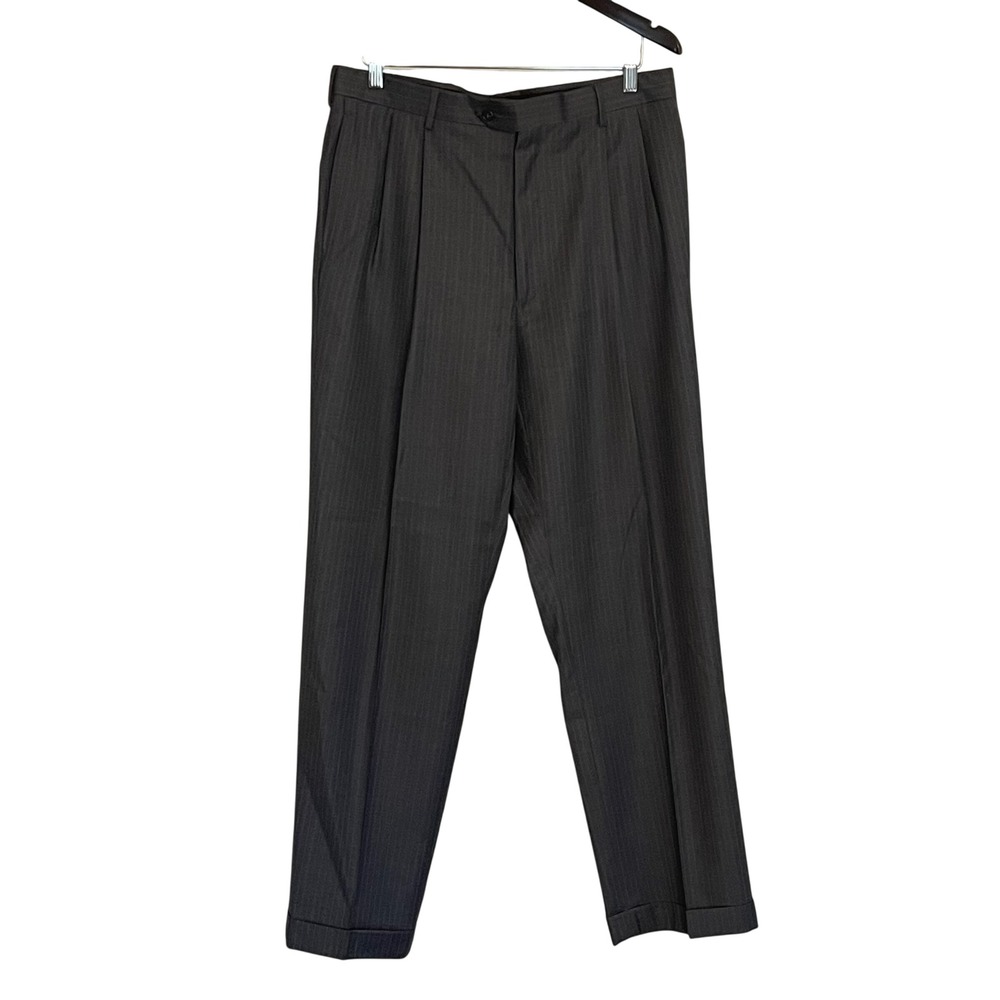 Jos A Bank Mens Grey Pinstripe Pleated Dress Pants Cuffed Slacks 36x32